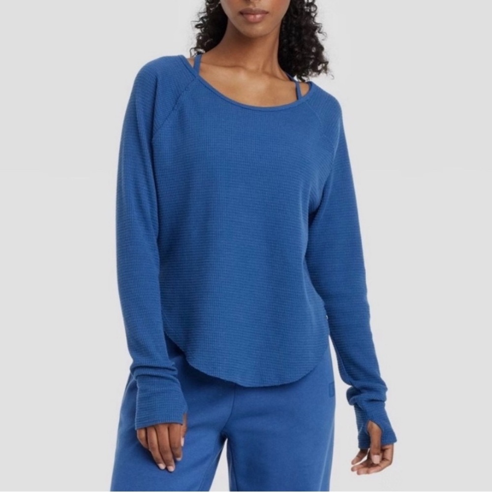 JoyLab Women's Waffle Leggings-Friendly Long Sleeve Top Blue Size M